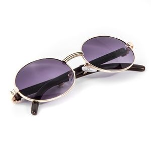 Men's Gold Frame Purple Tint Oval Round Sunglasses